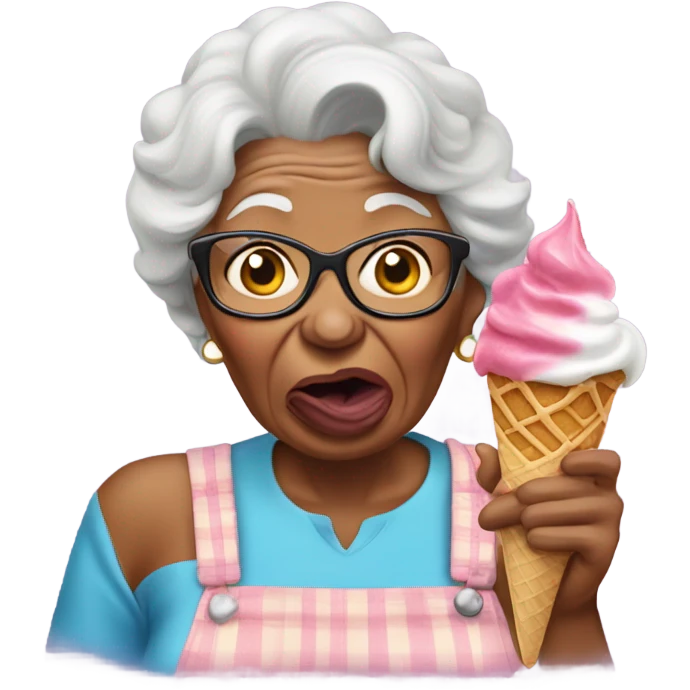 grandma with her tongue out with ice cream on face emoji