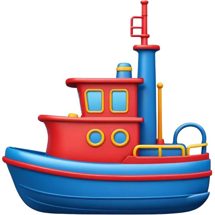 A colorful toy tugboat with a cute cheerful face and a red and blue body emoji