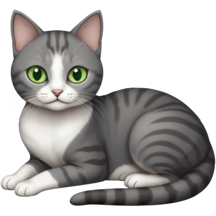 full body tiny short hair dark grey and white cat with white front legs and green  eyes lying down emoji