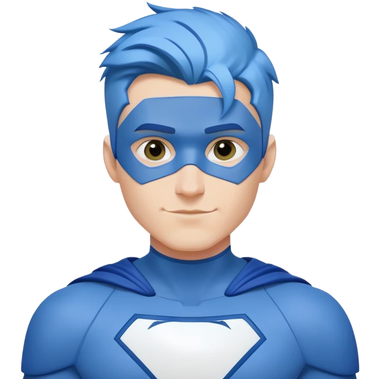 Emoji of a friendly, clean-shaven man with blue hair, wearing a minimalist blue and white superhero suit with broad shoulders. The suit has a large blank area on the chest for a logo, uses only blue and white colors, and has minimal details. Image is cropped at the chest level. Cheerful expression. emoji