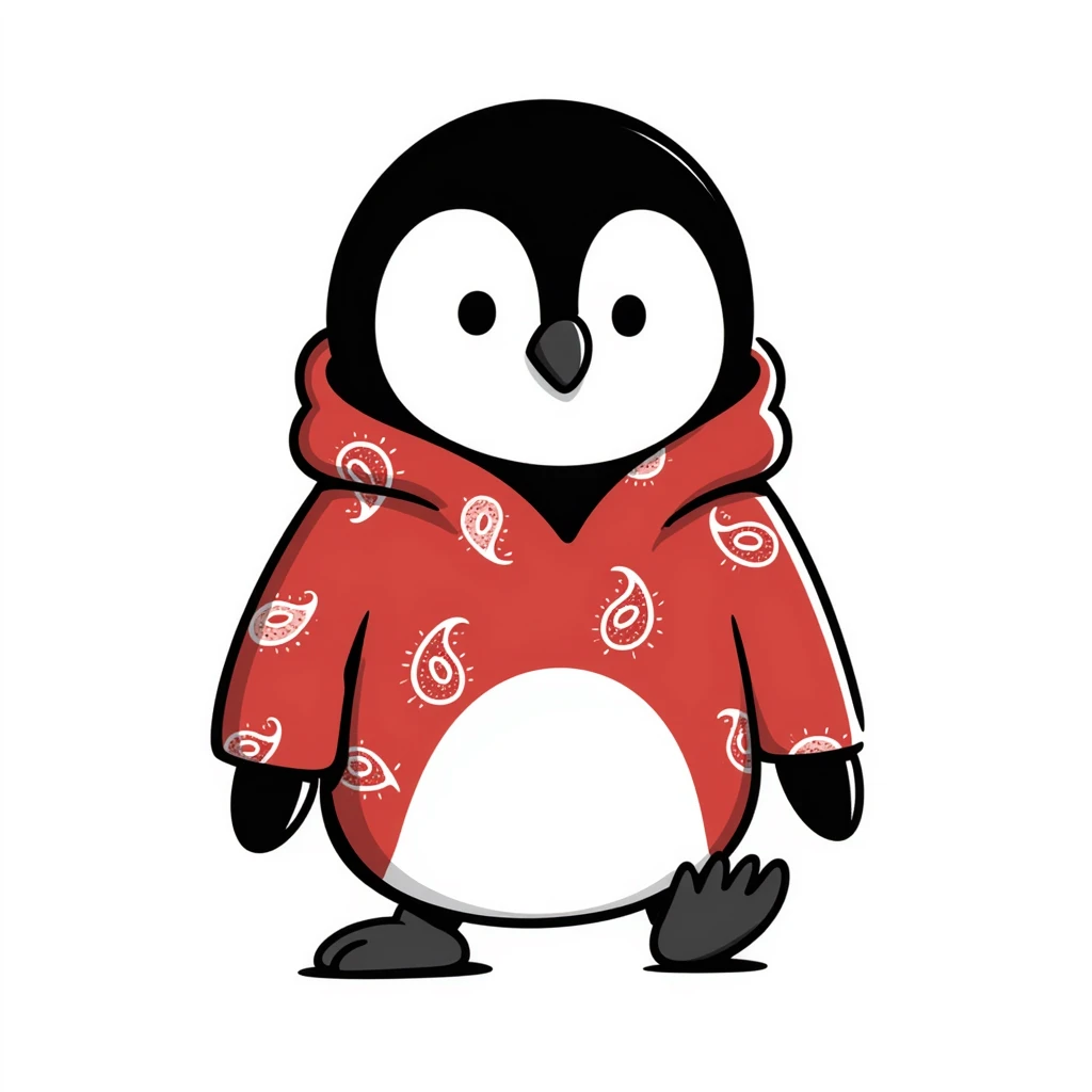 penguin wearing a red paisley pattern hoodie emoji