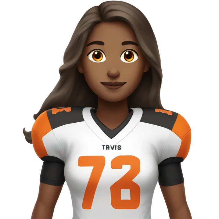 Girl with long brown hair, wearing orange and black football jersey emoji