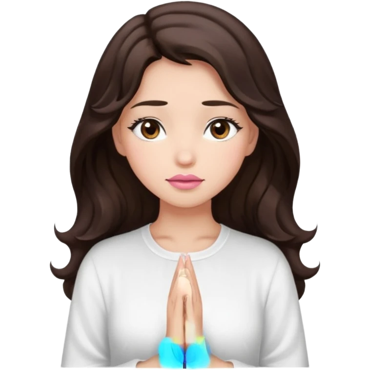 girl with wavy long glamorous dark brown hair, brown eyes, light to medium complexion, long lashes, light pink lipstick, praying emoji
