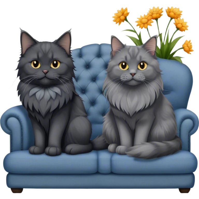 A black smoke Maine Coon cat with long gray ear tufts and a large gray ruff, and a thick blue British Shorthair cat, sitting together on a couch. A cozy room with flowers in the background. Transparent background. emoji