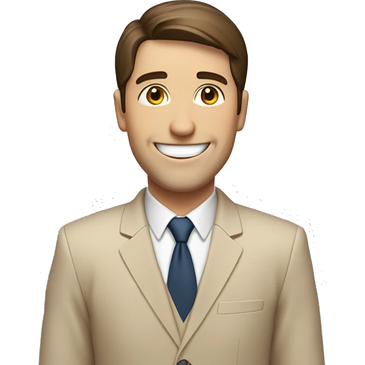 bussines man with short straight brown hair. big smile. fair skin 
and body zigs up to the hearth where you see a neat beige suit emoji