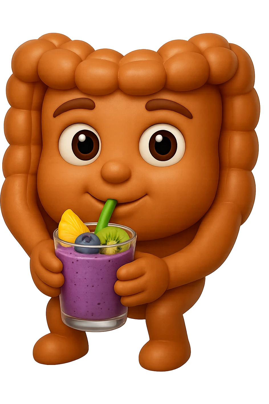 EMOJI STILE IPHONE DI un intestino umano anatomico che beve un frullato di mirtilli, ananas, kiwi, fagli anche la parte bianca degli occhi, non solo le pupille, REALISTICo 4K emoji