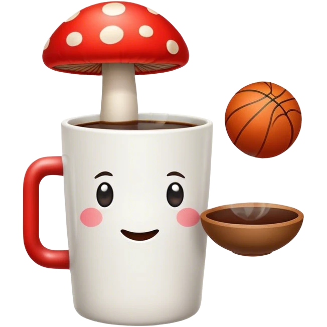 mushroom in coffee with a basketball next to cup  emoji
