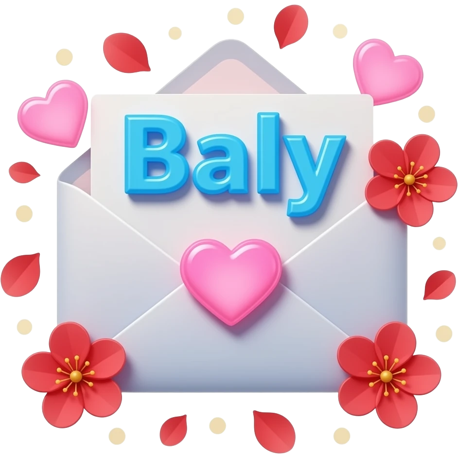 A sleek, sky blue text 'Baly' decorative mail, adorned with satin ribbons and glowing neon-pink hearts. Surrounded by floating red blossom petals and golden bokeh. Vibrant, modern, and feminine with a cinematic glow emoji