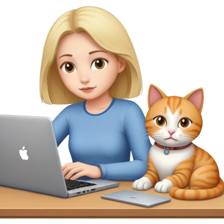 A girl is working on a laptop with a cat lying next to it emoji