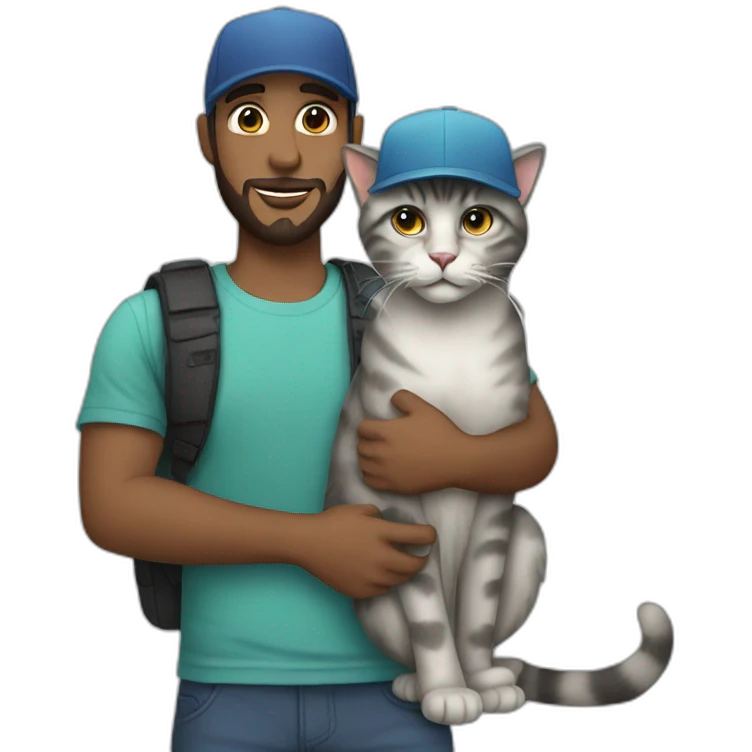 a white man with a short beard and a snapback hat holding a big grey cat emoji