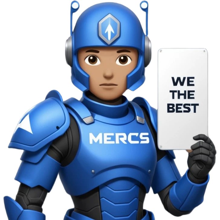 a scifi soldier in blue and black holding a sign saying Mercs, under this scifi in blue and black holding a sign is the text we are the best. in gif emoji