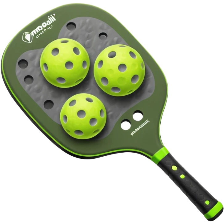 Modern Pickleball paddle, dark grey. Pickleball ball beside or on top the paddle florescent green at 45 degrees emoji