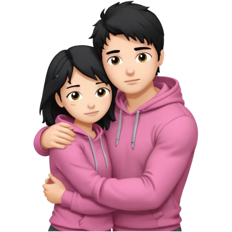 generate a pretty bratz fair skinned boy with messy black hair in a grey hoodie. Hugging his girlfriend who is wearing pink. Make him muscled. Boy in grey hoodie, girl in pink emoji