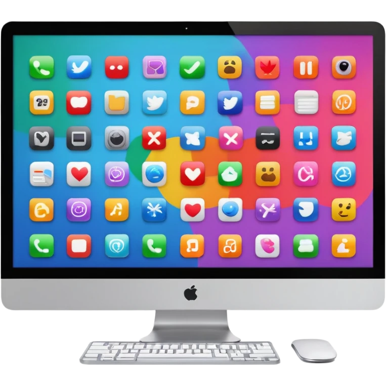 iMac screen displaying app icons in grid emoji