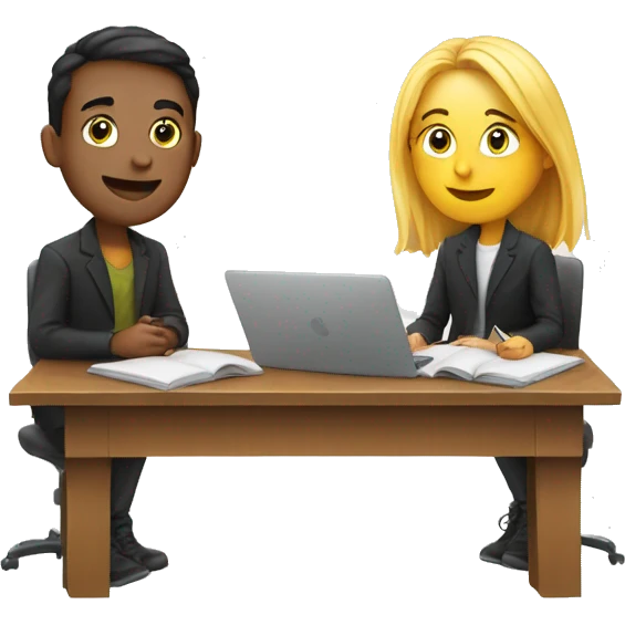 European students sitting at desks. They are talking to each other emoji