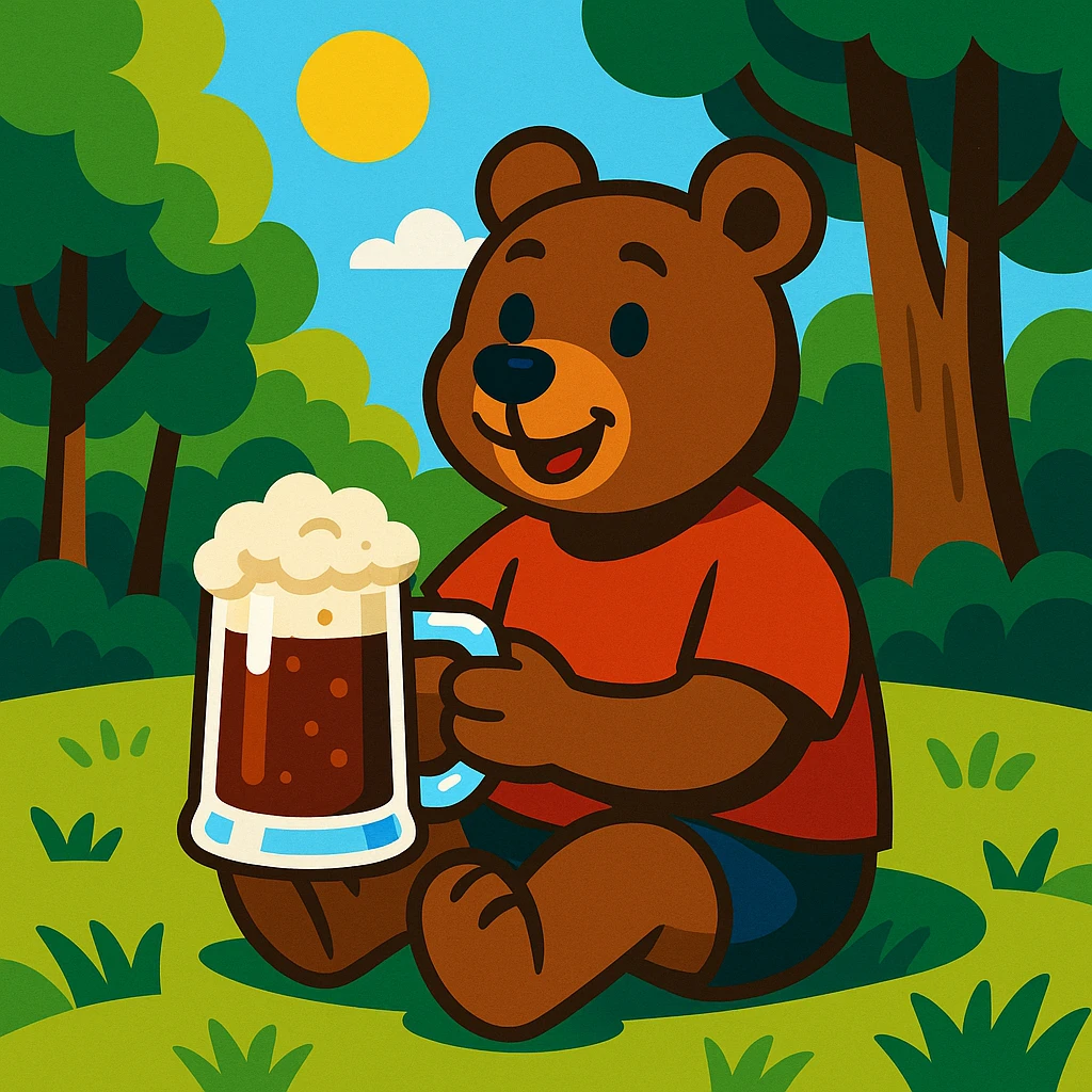 cartoon bear in a red t-shirt sitting on grass in a sunny forest clearing on a clear summer day, holding a glass mug of kvass with foam emoji