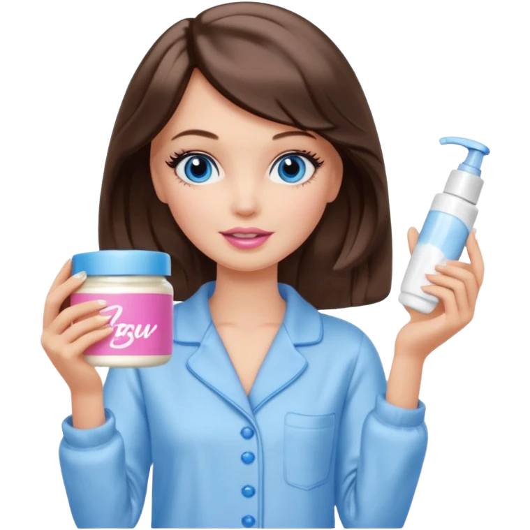 Barbie girl with makeup, blue eyes , and bob long haircut wavy, short brown hair in creamy color pajamas, face cream in hand emoji