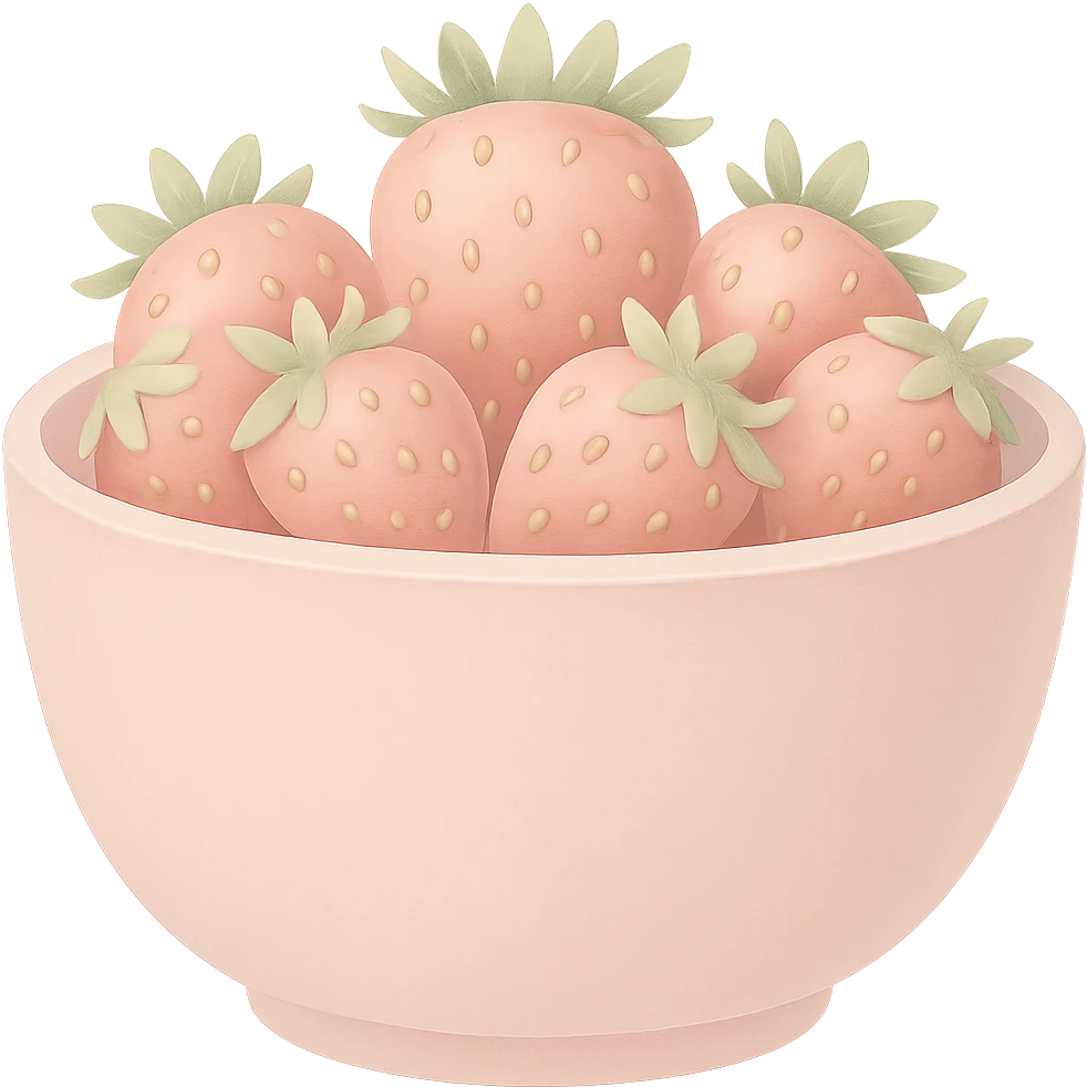 Make the colors of the fancy pastel pink bowl heaped with ripe strawberries softer and less saturated, avoid high contrast, keep the style as emoji, with no background. The style should resemble emoji style with soft pastel colors and no background. emoji