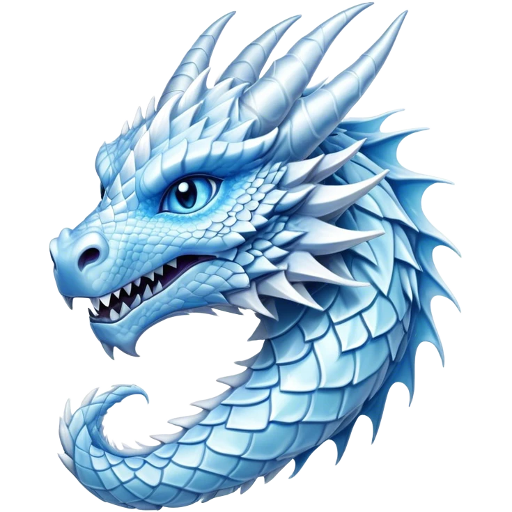 Cinematic Noble Beautiful Ice Dragon Portrait Emoji, Poised and majestic, with an ethereal, crystalline body adorned in intricately detailed scales of frosty blues and silvery whites reminiscent of glacial ice and delicate snowflakes, and piercing, cool eyes reflecting winter’s clarity; rendered with lifelike texture and subtle natural highlights, high shine, elegant and formidable, styled with an aura of chilling mythic beauty, focused and serene, soft glowing outline, capturing the essence of a legendary ice sovereign ready to glide gracefully out of the screen with timeless frosty allure! emoji