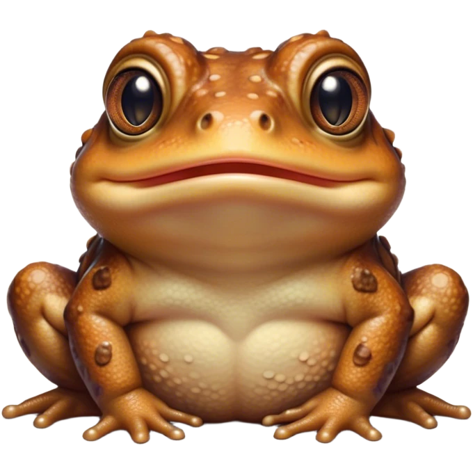 Cinematic Cute Toad Portrait Emoji, Head tilted playfully and inquisitively, featuring a charmingly plump form with bumpy, textured skin in rich earthy hues and round, sparkling eyes full of gentle mischief, Simplified yet irresistibly adorable features, highly detailed, glowing with a warm, friendly woodland glow, high shine, affectionate and lively, stylized with a touch of whimsical nature charm, soft glowing outline, capturing the essence of a mischievous yet loving toad that seems as if it could hop out of the screen into your arms! emoji