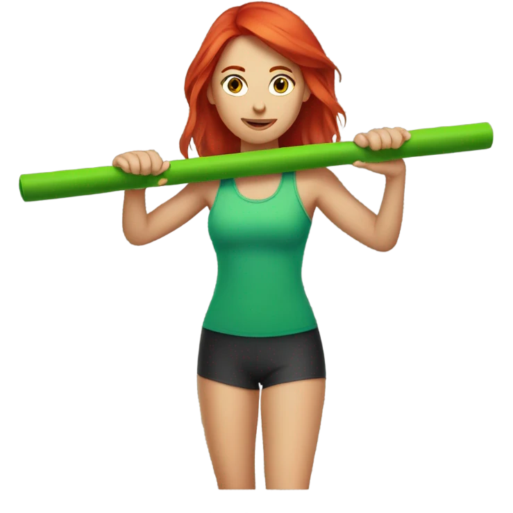 Red headed girl doing a workout with green drumsticks in her hands  emoji
