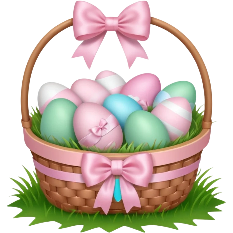 white basket full of light pink easter eggs on grass with a light pink bow emoji