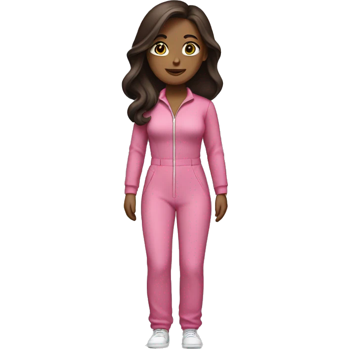 Woman dark straight brown hair  pink  full body jumpsuit flying emoji
