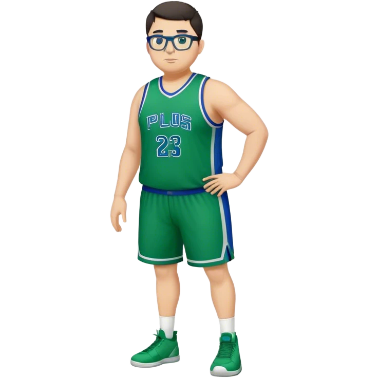 Full Body plus size tall white male with dark short hair basketball player wearing glasses wearing blue  with green uniform emoji