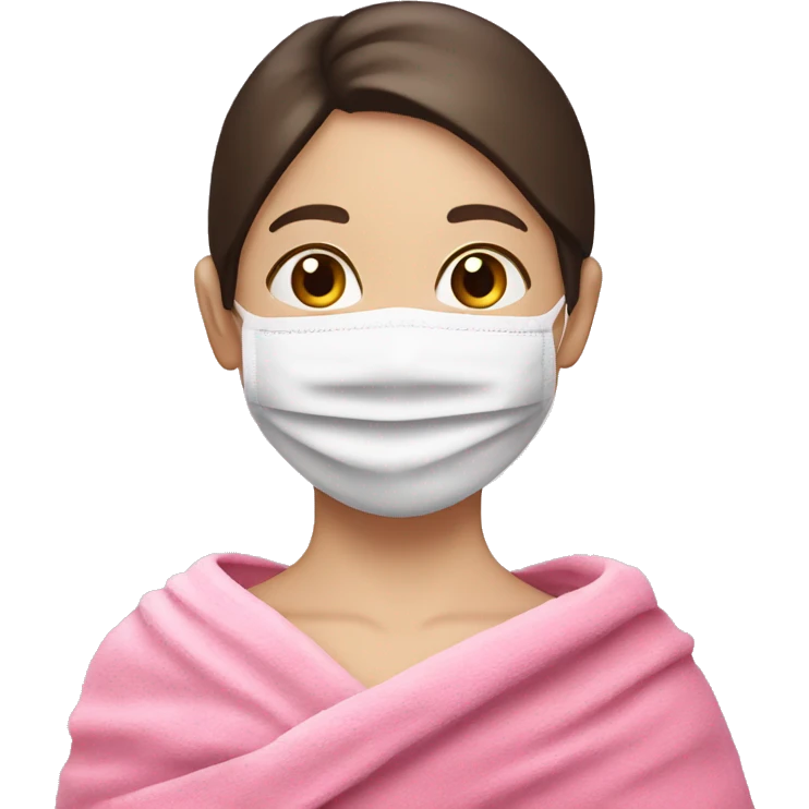 White girl with face mask in a pink towel with dark brown hair  emoji