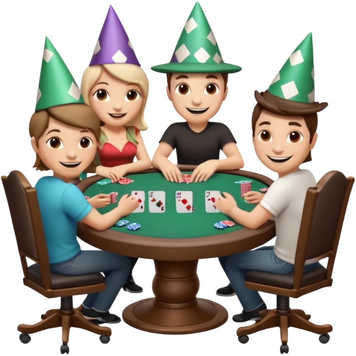 A 3D cartoon poker table with cards, chips, and smiling players, soft lighting, Memoji-style. emoji