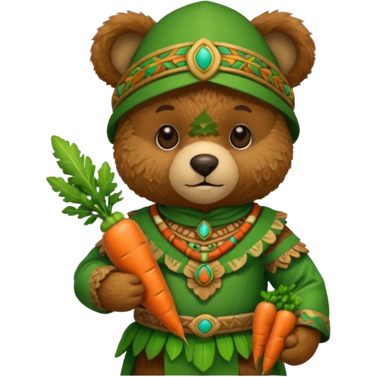 teddy bear, wearing green mayan ancient custome, with carrotm half body emoji