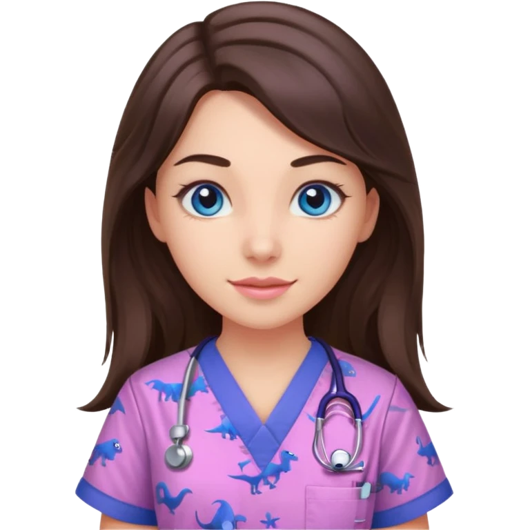 pretty brunette nurse with long hair and blue eyes in pink and purple dinosaur pattern scrubs emoji