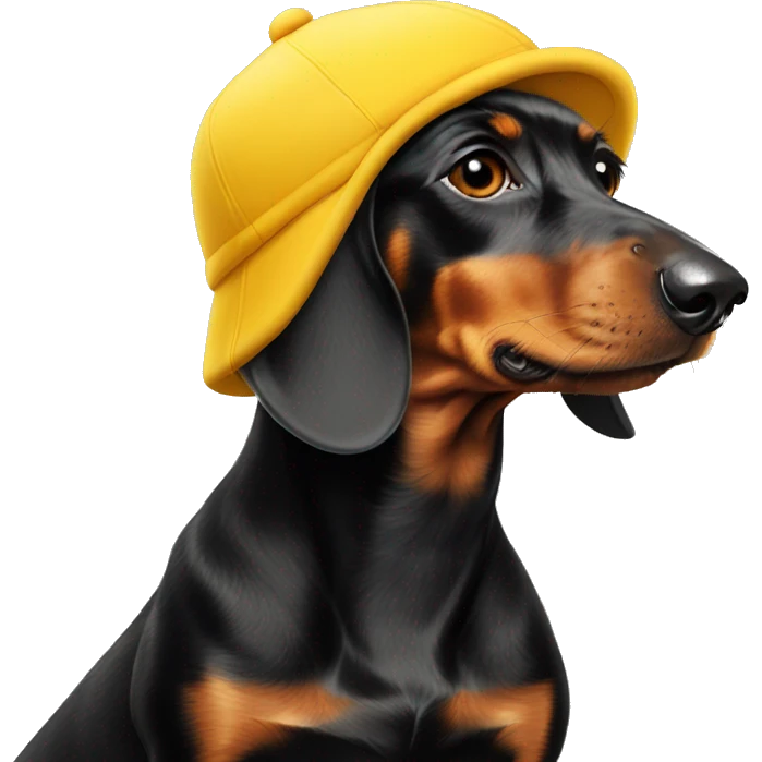 Fully black dachshund wearing yellow cap LA emoji