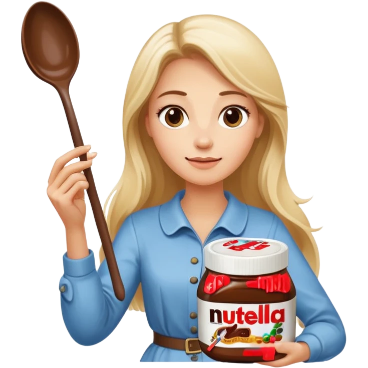 Nutella with a spoon. The glas of Nutella is almost empty . Next to the Nutella is the head of a blond woman who is looking forward to eat the Nutella. The hair of the woman needs to be longer. She is holding a big carriage of Nutella in her right hand and a oversized spoon in the other  emoji