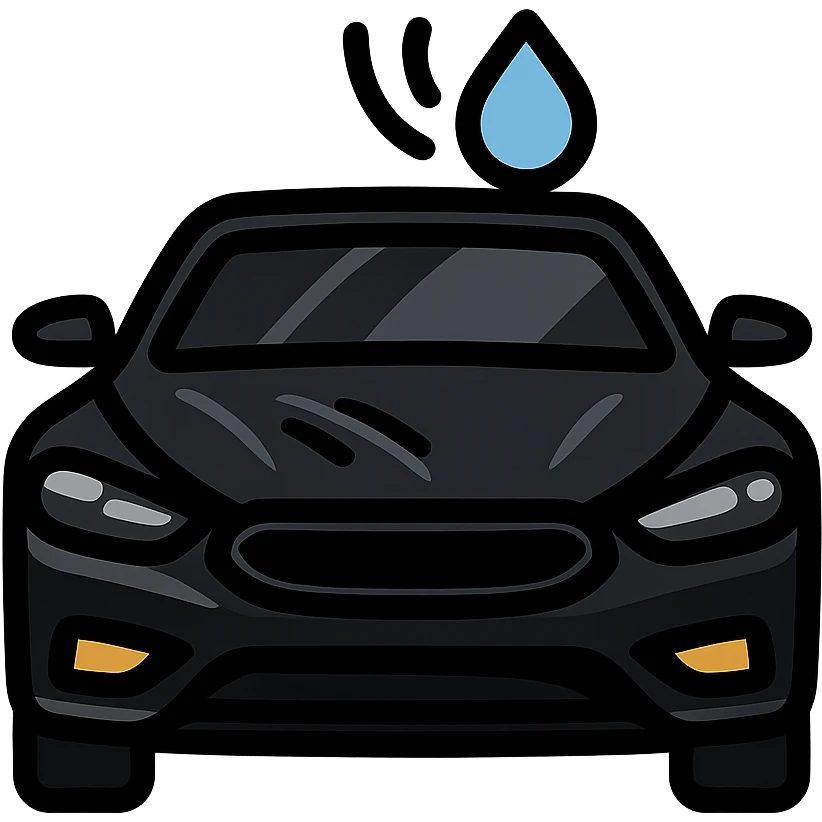 full high-end vehicle icon with glossy black mirror-like paint, strong mirror-like reflections and shine on the surface, water droplet sliding on the hood or roof, subtle repellent effect with water lines moving away, modern and clean style emoji
