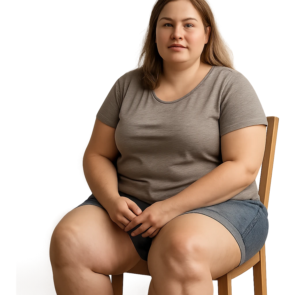 hyper realistic 4K woman sitting, fat on thighs and legs, healthy appearance, realistic details, everyday atmosphere emoji