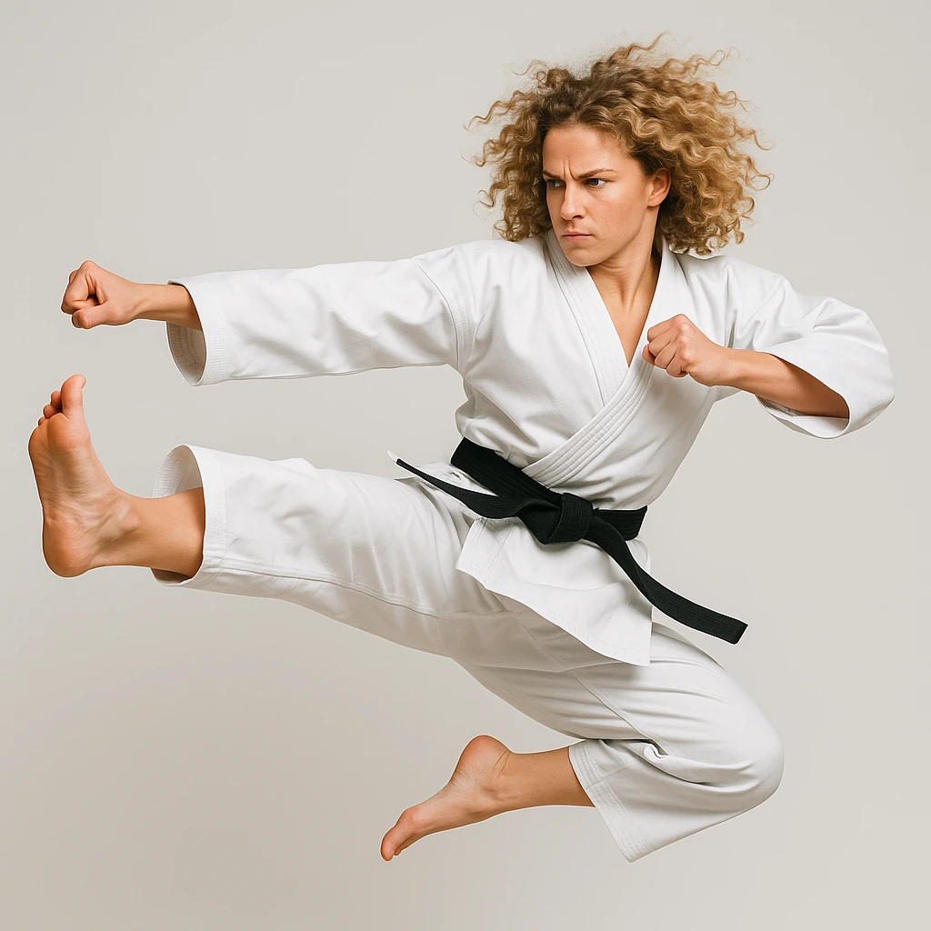 woman with curly blonde hair in a karate uniform, mid-air kick, determined look, clean background emoji