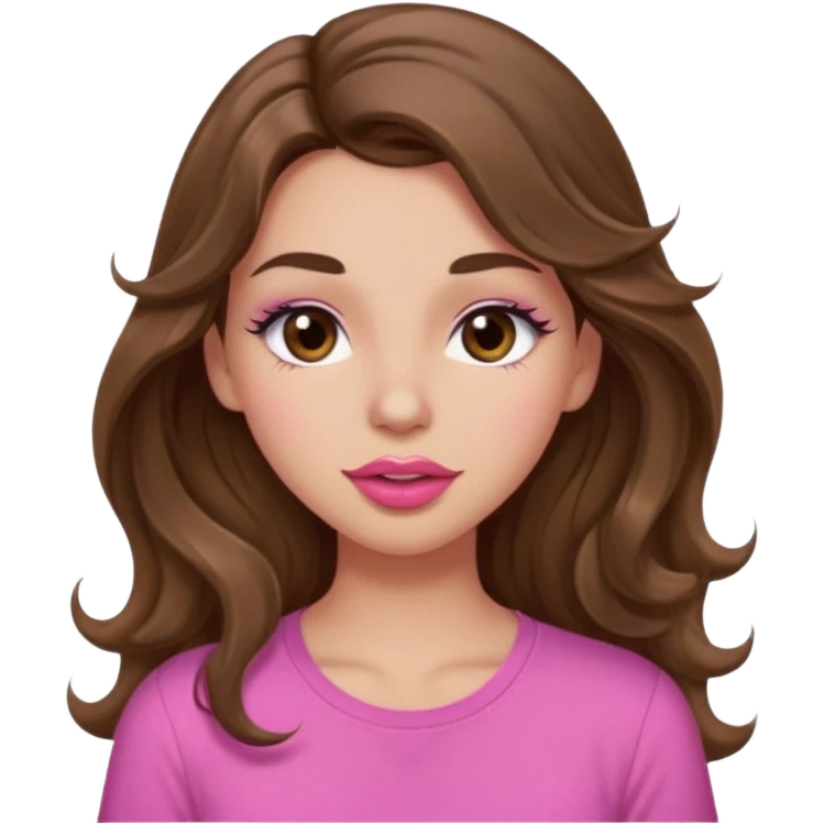 girl with long wavy brown hair, brown eyes, light to medium complexion, in a pink shirt, pink lips, long lashes, puckering lips kissing, winking emoji