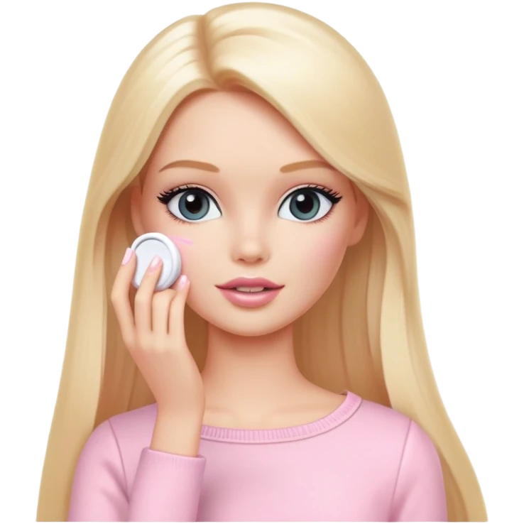 A white Barbie girl with long blonde straight hair in pale pink clothes smears by hand cosmetic cream on her face emoji