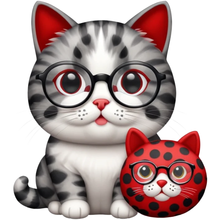 This cat has black and white patterned fur, its glasses are round, its expression looks clumsy, and there are some patterns on its face. It is holding a red plush toy in its mouth. emoji