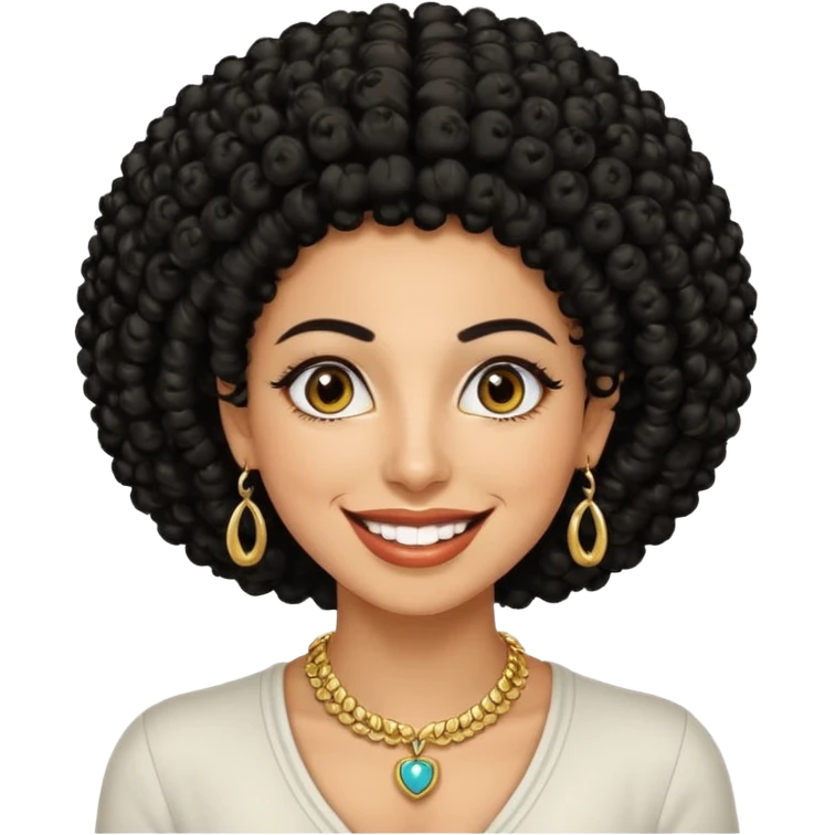 30 year old iranian woman very short curly black hair, big brown eyes, tanned skin, big smile, white teeth, pretty, afro emoji