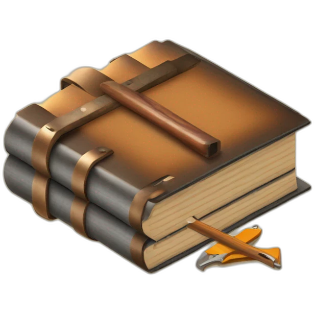 isometric thick BOOK with picture of wood, welder, leather, tools emoji