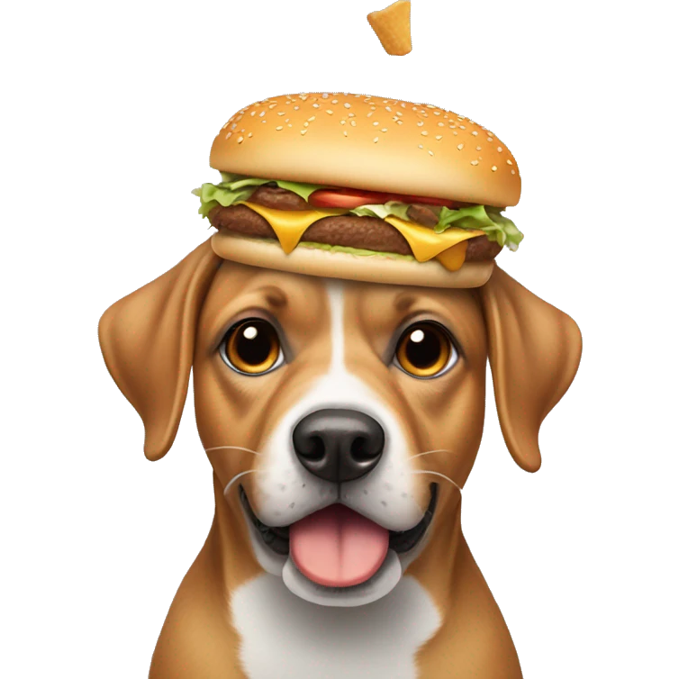 Dog eating hamburger wearing a funny hat emoji