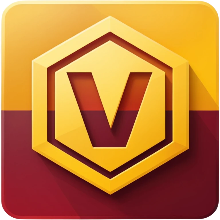 hexagon emblem with a thick yellow-to-gold outline and a dark red gradient inside. In the center, place a bold capital letter V in the same yellow-to-gold gradient as the outline. Keep the shapes clean and geometric, with smooth color transitions and no background color. emoji