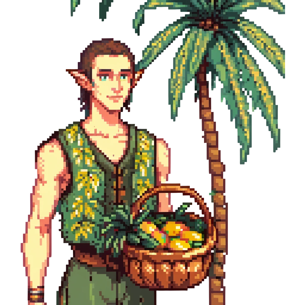 elf male Sleeveless vest with palm-leaf print, basket of exotic fruits (mango/lychee), sunburned nose. emoji