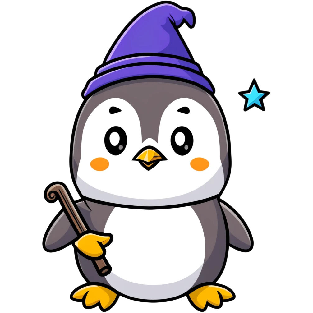 penguin wizard with magic wand and wizard hat emoji