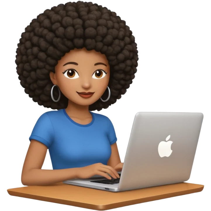 happy black girl with afro hairstyle using a laptop with an Apple logo, casual, friendly vibe emoji