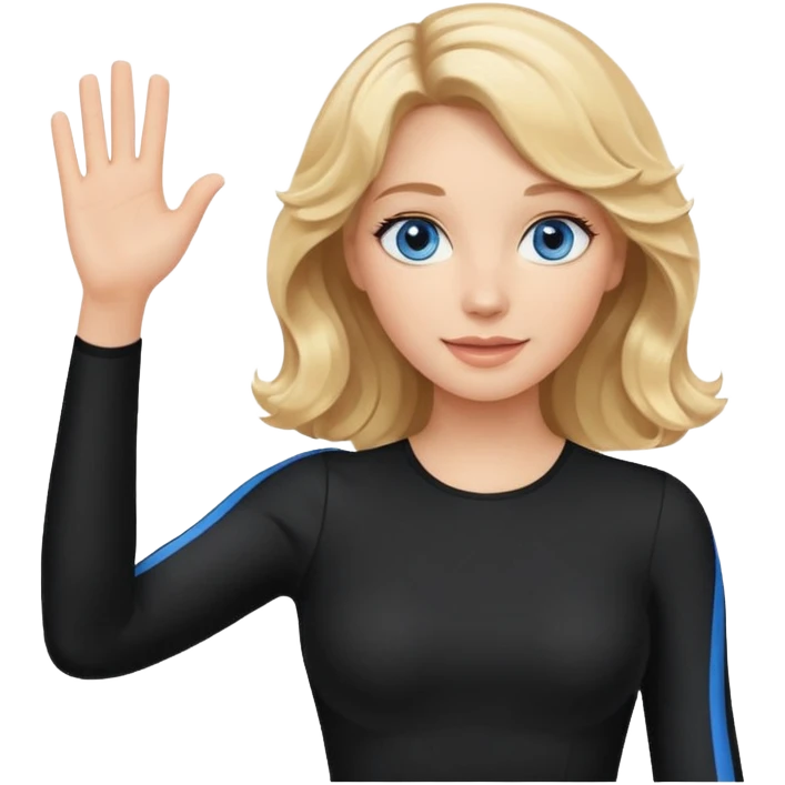 woman with blond wavy hair, tight black dress with a white line at the top, blue eyes, waving emoji