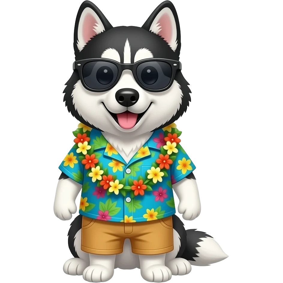 husky Dog – wearing colorful aloha shirt and sunglass front facing emoji