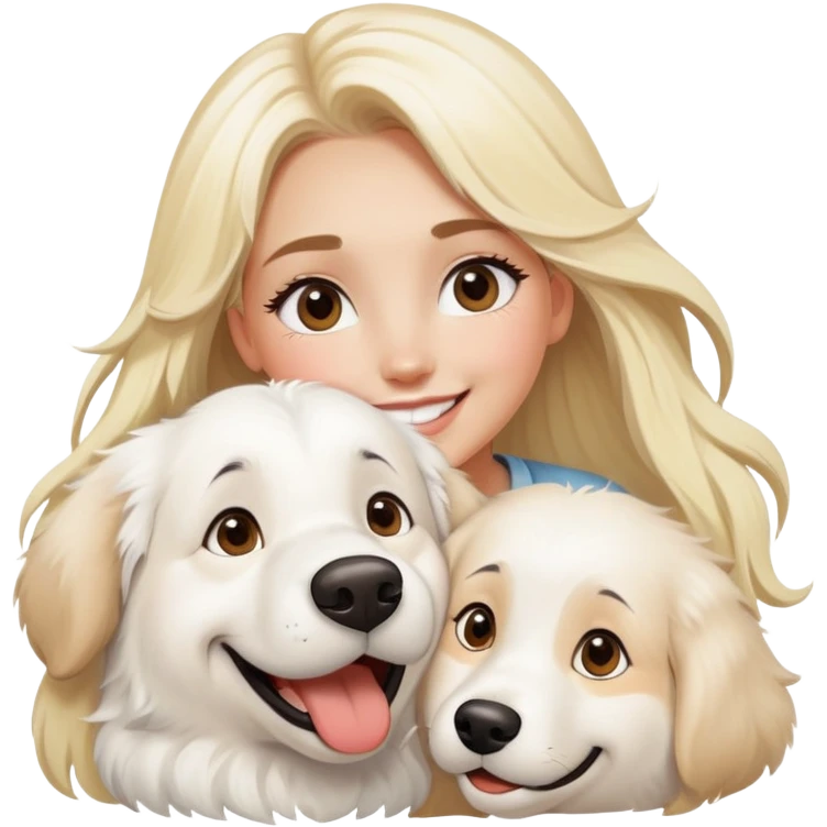 A very large a goofy looking Great Pyrenees and a blonde girls with long eyelashes who loves him and is smiling brightly  emoji
